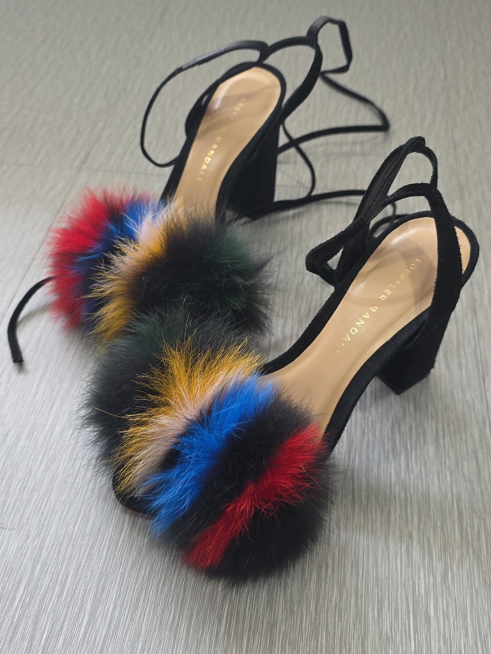 Loeffler Randall Ankle Wrap Nicolette Sandal Block Heel Fur Trim Suede Size 6